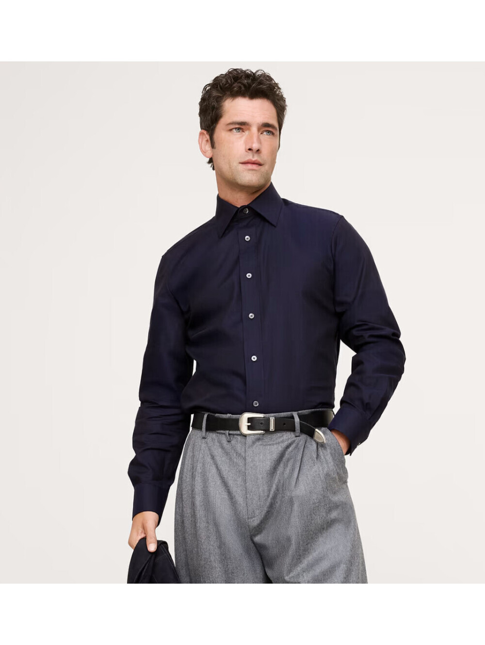 Banana Republic Mens Slim Fit Wrinkle-Resistant Navy Blue Textured Dress Shirt M